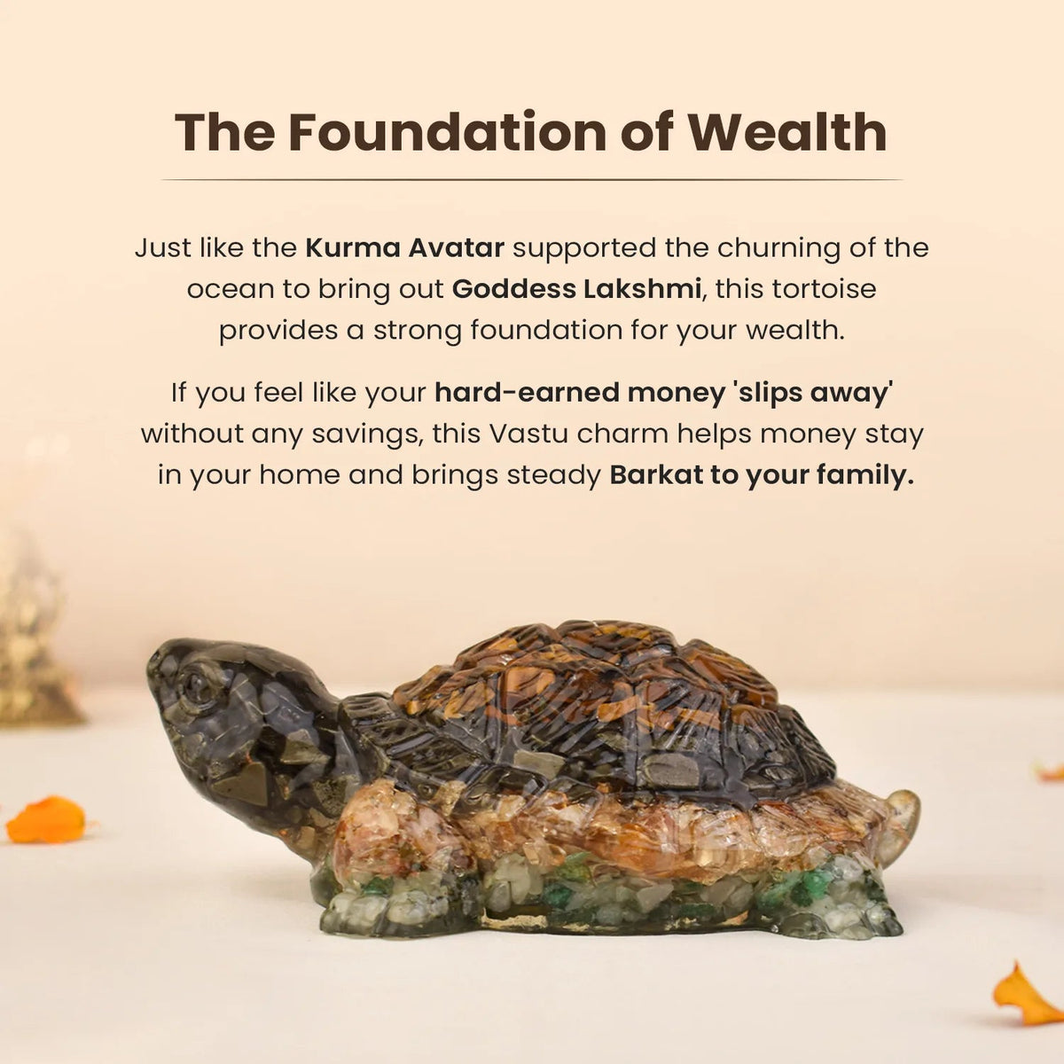 VASTUKOSHA Collector's Edition Dhan Yog Tortoise made of Tiger Eye, Pyrite, Citrine, and Green Aventurine crystals.