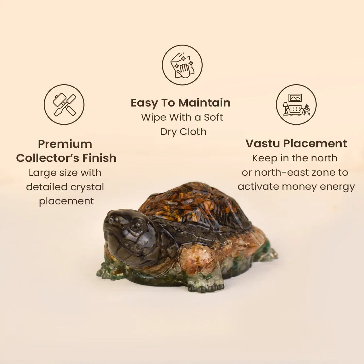 VASTUKOSHA Collector's Edition Dhan Yog Tortoise featuring Tiger Eye, Pyrite, Citrine, and Green Aventurine crystals.