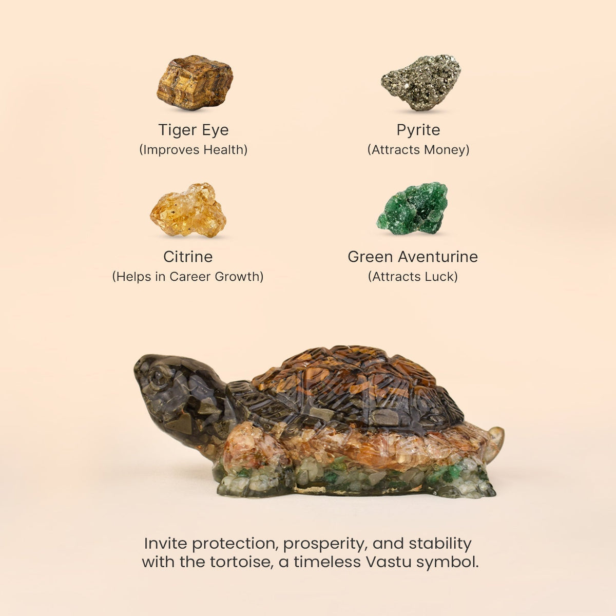 VASTUKOSHA Collector's Edition Dhan Yog Tortoise made with Tiger Eye, Pyrite, Citrine, and Green Aventurine crystals.