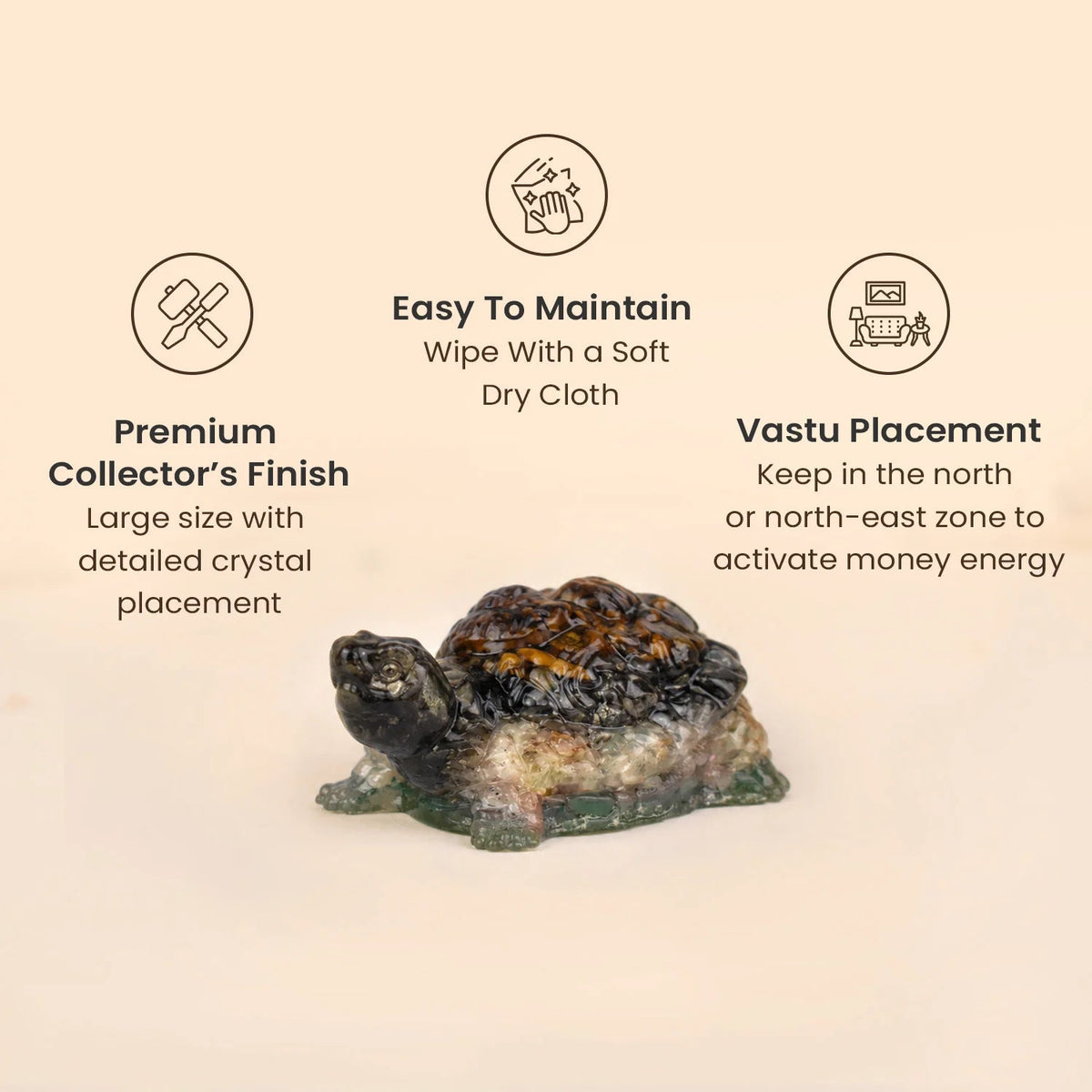 VASTUKOSHA Collector's Edition Dhan Yog Tortoise featuring Tiger Eye, Pyrite, Citrine, and Green Aventurine crystals.