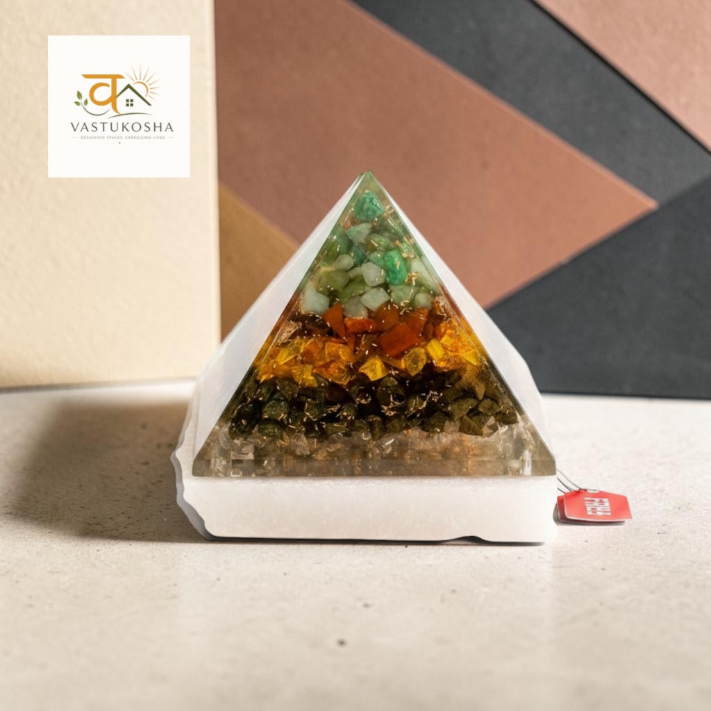 VASTUKOSHA Dhan Yog pyramid with layered crystals on a square raw selenite plate for wealth and energy cleansing
