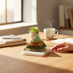 VASTUKOSHA Dhan Yog crystal pyramid on a raw selenite plate for wealth and energy cleansing on a wooden desk