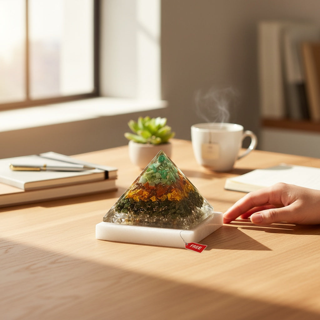 VASTUKOSHA Dhan Yog crystal pyramid on a raw selenite plate for wealth and energy cleansing on a wooden desk