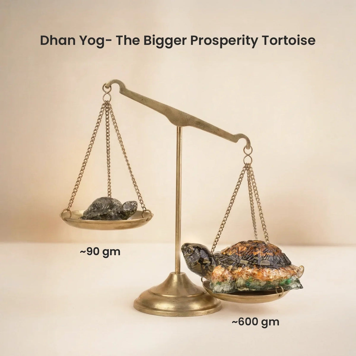 VASTUKOSHA Collector's Edition Dhan Yog Tortoise comparing a small 90g crystal turtle with a large 600g multi-crystal one