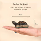 VASTUKOSHA Collector's Edition Dhan Yog crystal tortoise held in a hand, showing 9cm by 3cm size for Vastu decor.