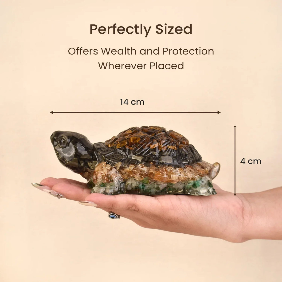 VASTUKOSHA Collector's Edition Dhan Yog tortoise made of Tiger Eye, Pyrite, Citrine, and Green Aventurine crystals.