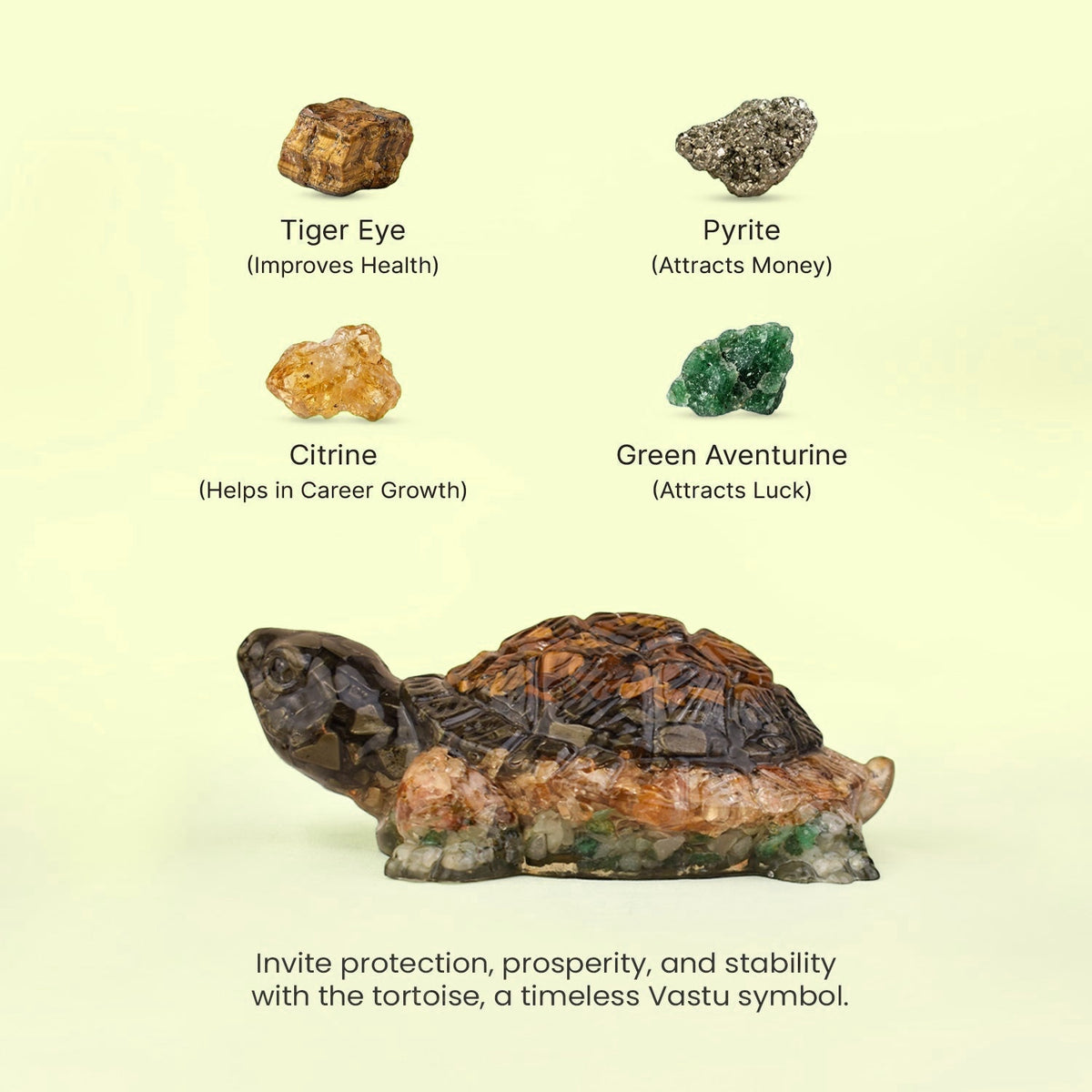 VASTUKOSHA Rishikesh Siddh Dhan Yog Tortoise made with Tiger Eye, Pyrite, Citrine, and Green Aventurine crystals.