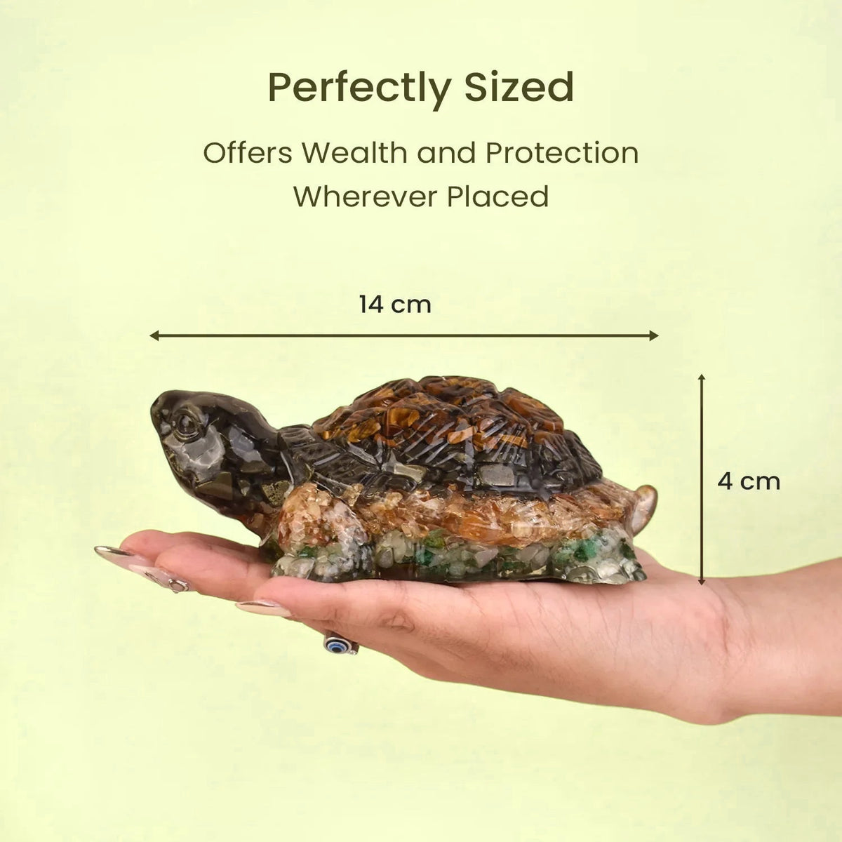 VASTUKOSHA Rishikesh Siddh Dhan Yog Tortoise in a hand, showing 14cm length and 4cm height for Vastu wealth and luck.