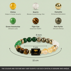 VASTUKOSHA Rishikesh Siddh Dhan Yog bracelet featuring multi-coloured gemstone beads and a personalised Aries zodiac charm.