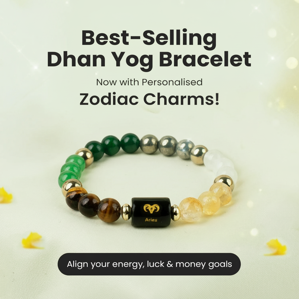VASTUKOSHA Rishikesh Siddh Dhan Yog beaded bracelet featuring a black Aries zodiac charm and multi-colored gemstone beads.