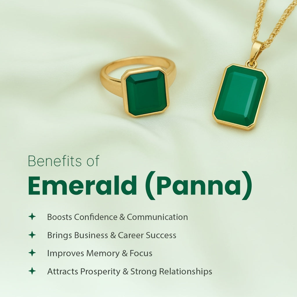 VASTUKOSHA natural green emerald gemstone ring and pendant set in gold, displayed on a soft fabric background.