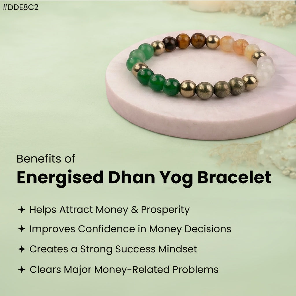 VASTUKOSHA Energised Dhan Yog Bracelet featuring multi-colored natural crystals on a pink display stand.