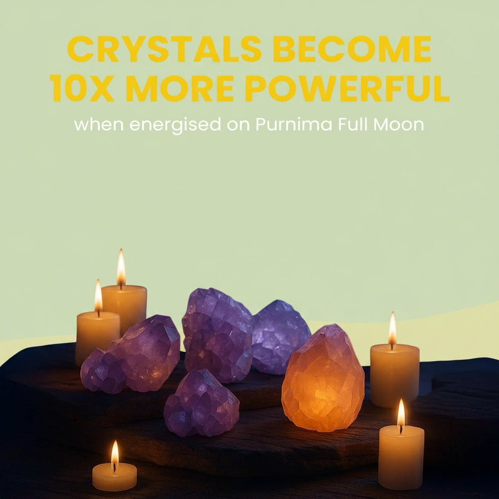 VASTUKOSHA energised raw crystal clusters with glowing candles on a dark stone base for spiritual Vastu practices.
