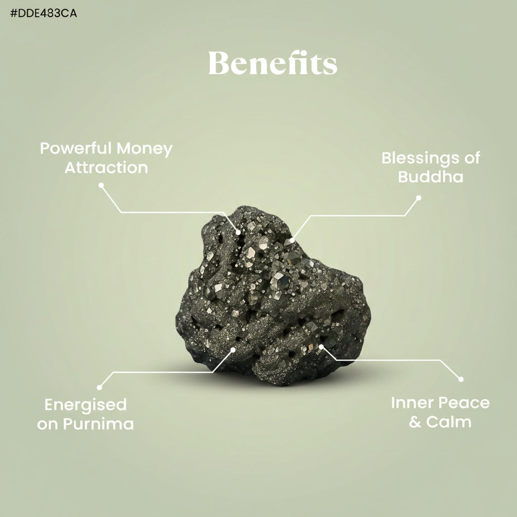 VASTUKOSHA energised raw pyrite cluster with labels highlighting benefits like money attraction and inner peace
