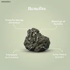 VASTUKOSHA energised raw pyrite cluster with labels highlighting benefits like money attraction and inner peace