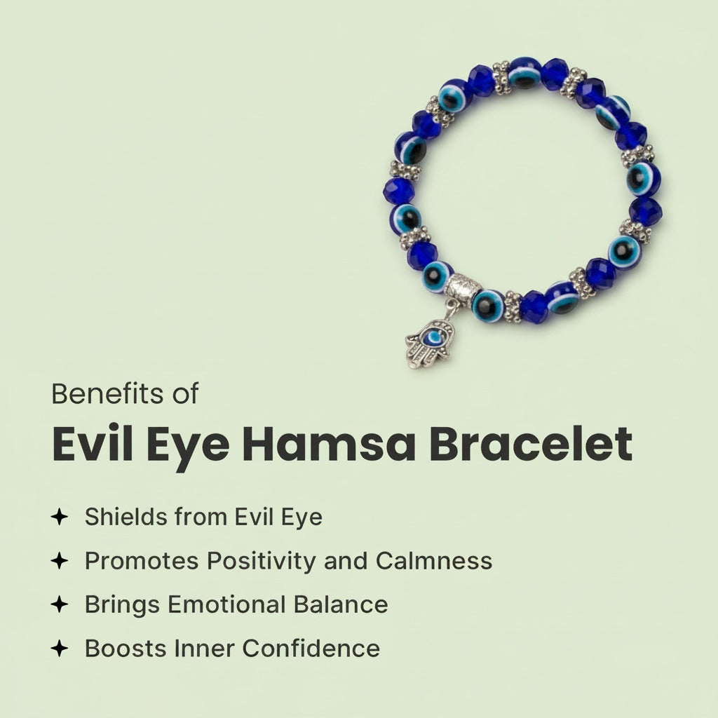 VASTUKOSHA Evil Eye Hamsa bracelet with blue glass beads and a silver-toned Hamsa hand charm on a light background.