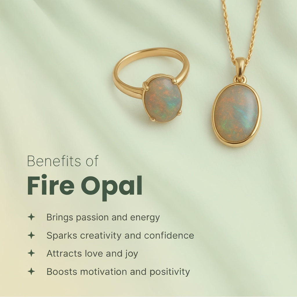 VASTUKOSHA Fire Opal ring and pendant set in gold, featuring iridescent natural gemstones on a soft green background.