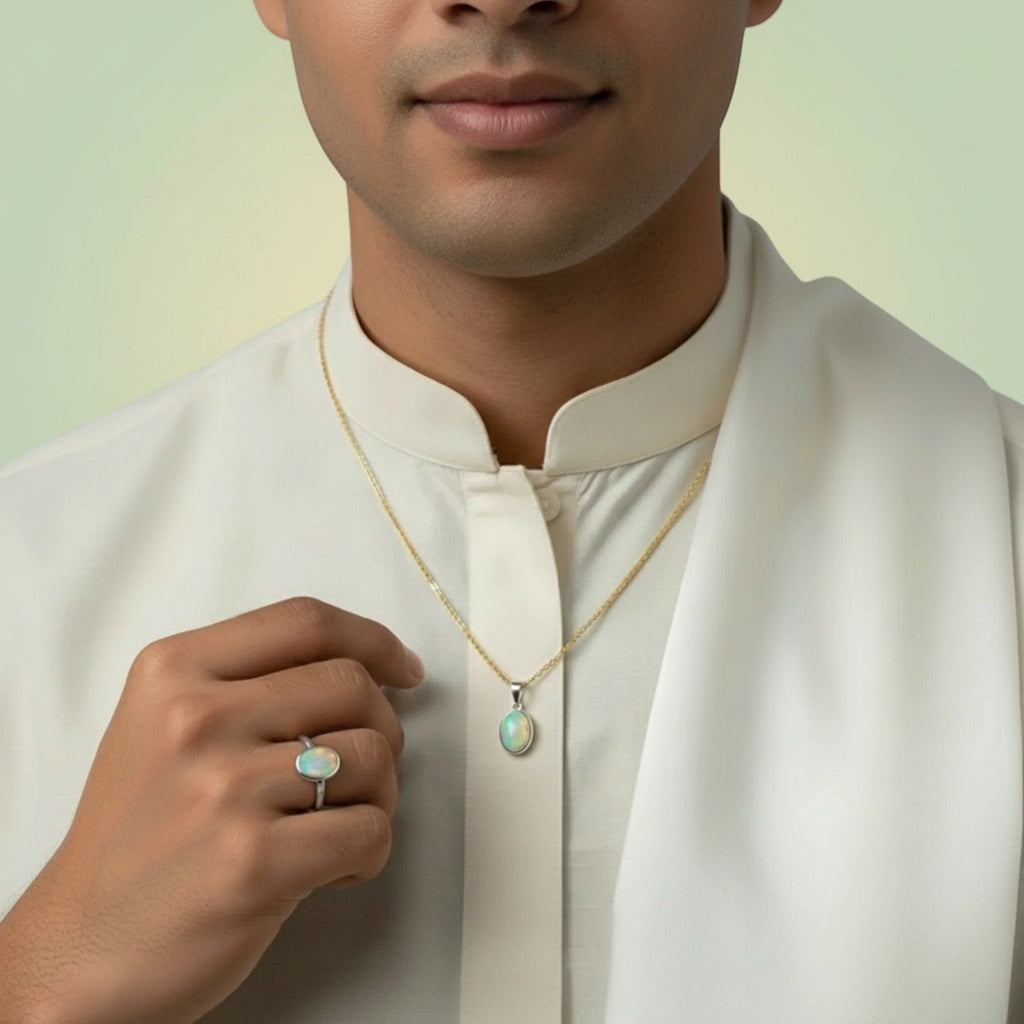 VASTUKOSHA Fire Opal ring and pendant set worn by a man in a white kurta, showcasing natural iridescent gemstones.