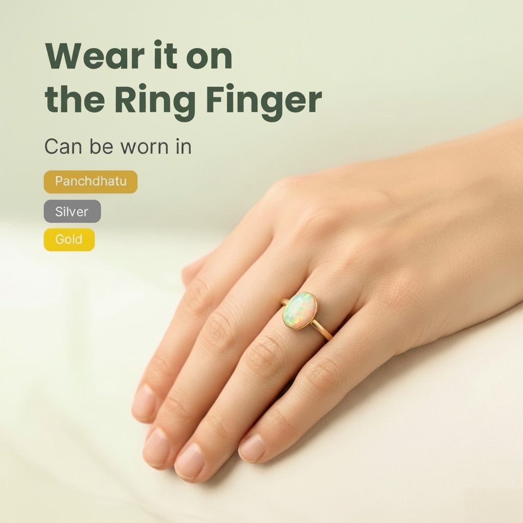 VASTUKOSHA fire opal gemstone ring worn on a finger, showcasing natural iridescence in a gold setting.