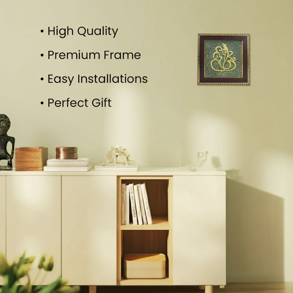 VASTUKOSHA Ganesh Ji wall frame featuring raw gold-toned pyrite crystals, displayed in a modern home interior.