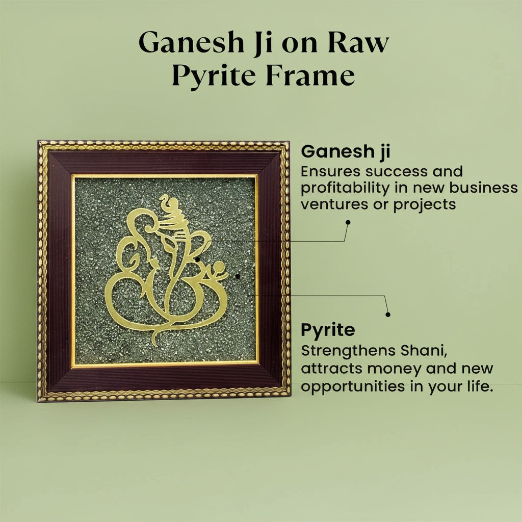 VASTUKOSHA Ganesh Ji wall frame featuring a gold-toned Ganesha silhouette set against a textured raw pyrite mineral background.