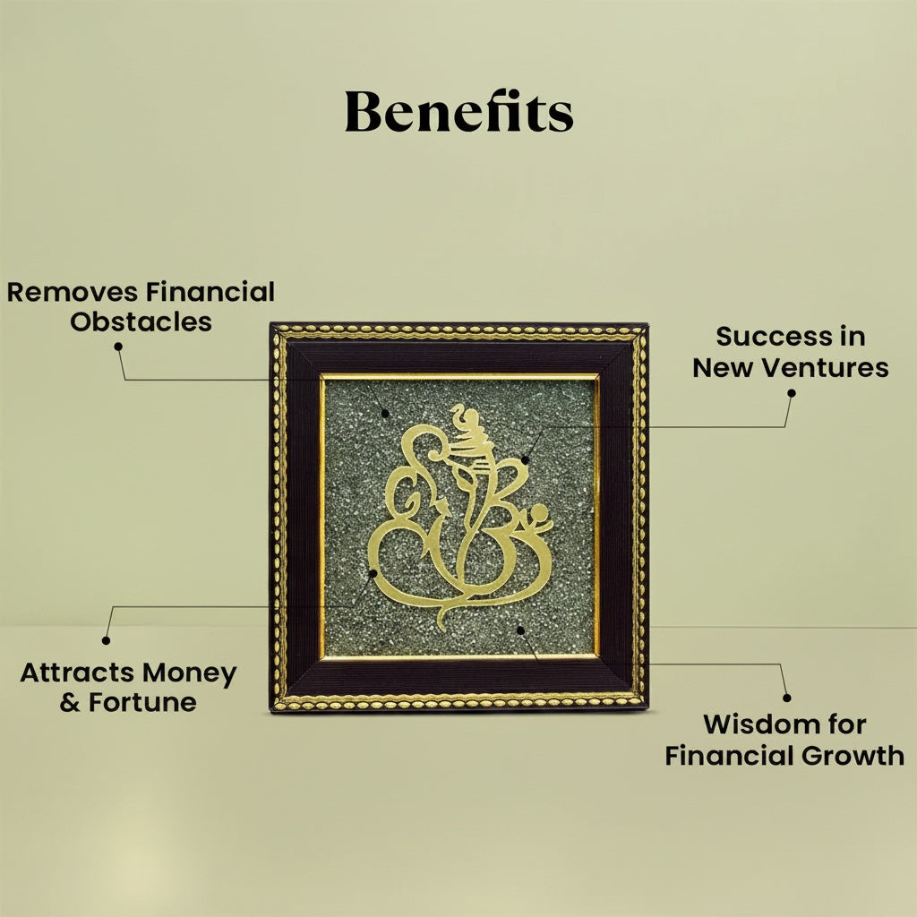 VASTUKOSHA Vighnaharta Ganesh wall frame featuring a gold-toned Ganesha silhouette set against textured raw pyrite.