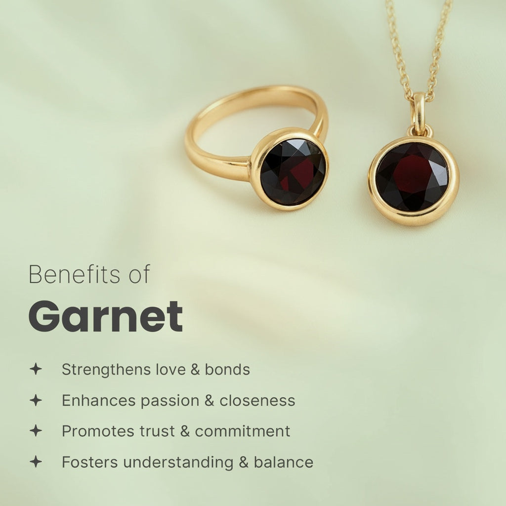 VASTUKOSHA natural garnet gemstone ring and pendant set in gold, featuring deep red faceted stones on a soft background