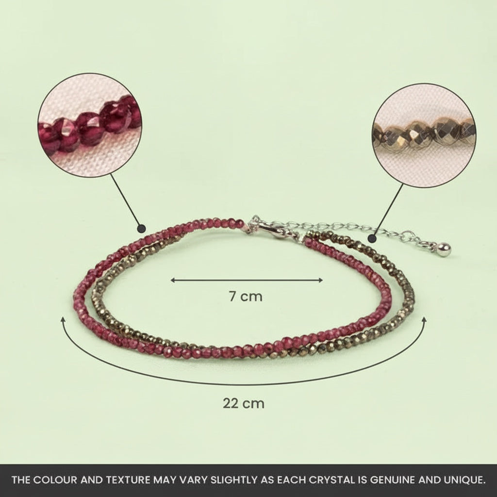 VASTUKOSHA Love and Money anklet featuring faceted garnet and pyrite beads with a 22cm length and adjustable chain.