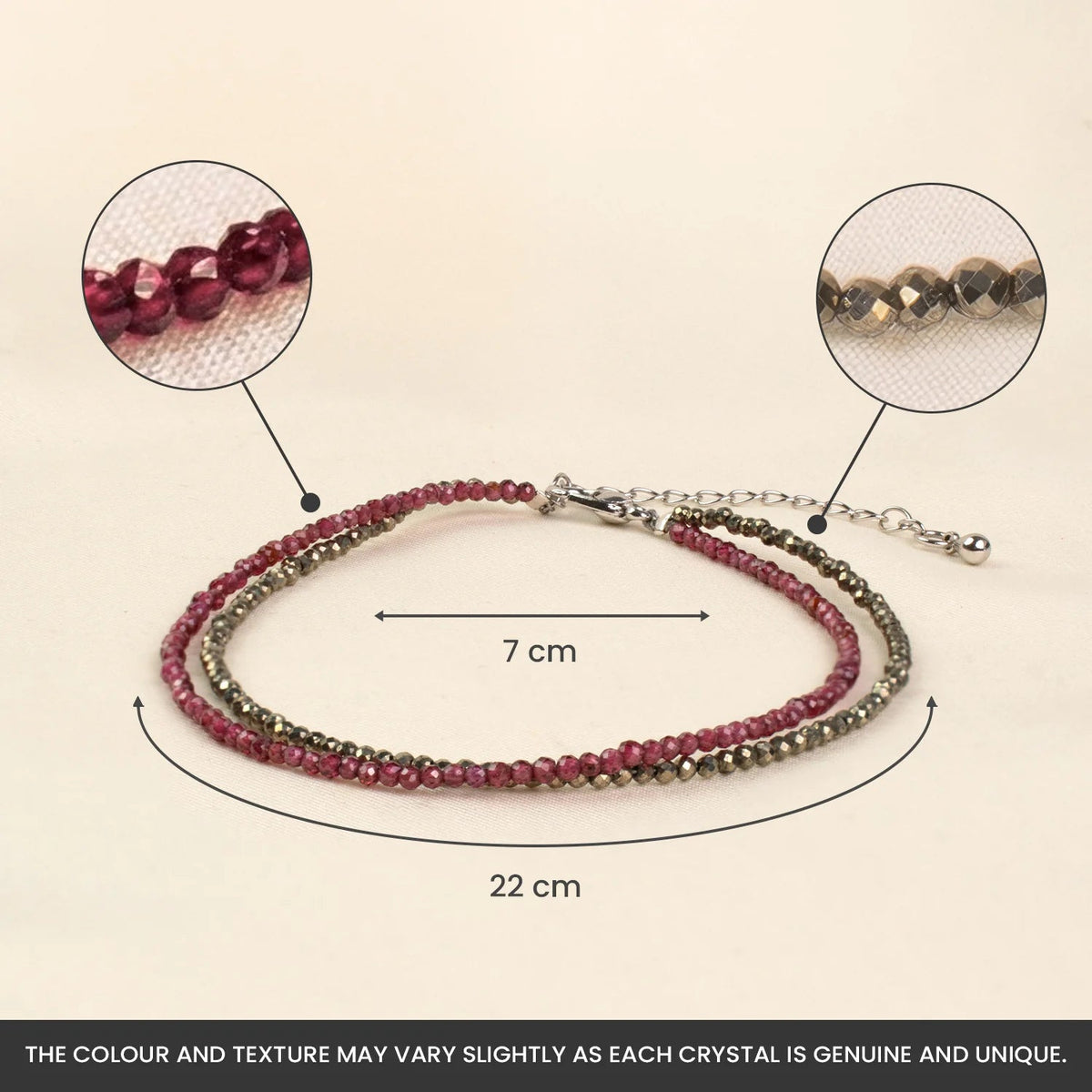 VASTUKOSHA double-layered anklet featuring faceted garnet and pyrite beads with an adjustable chain and hook closure.