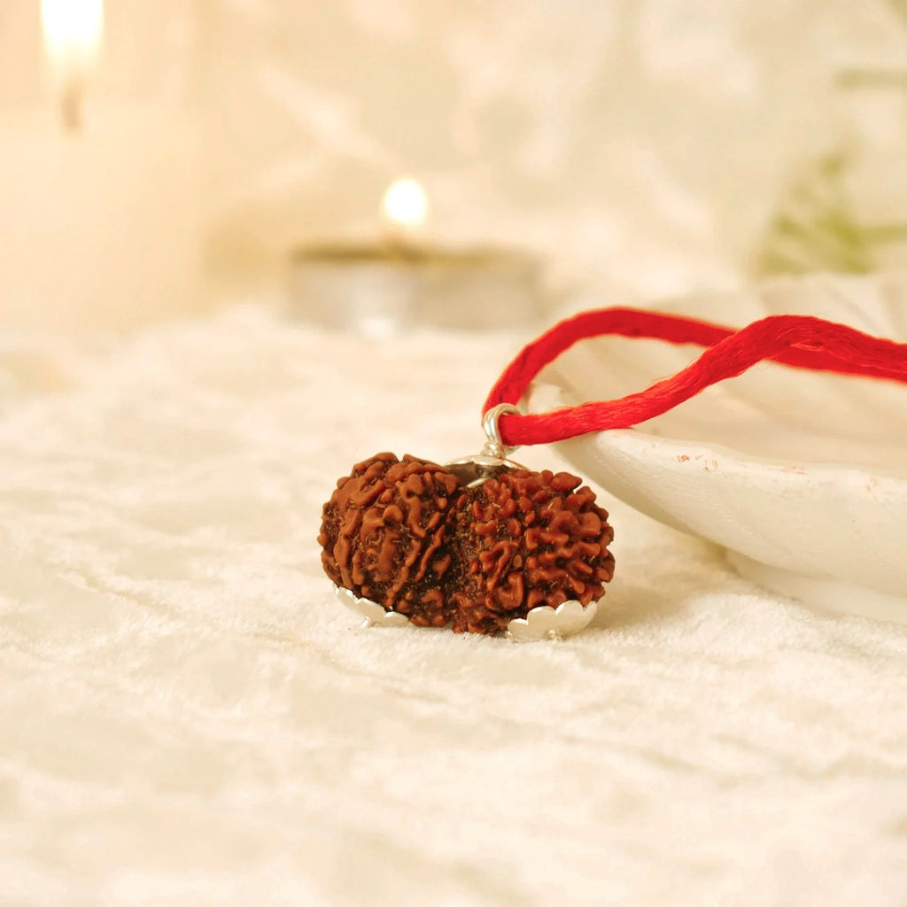 VASTUKOSHA Gauri Shankar Rudraksha bead with natural twin formation on a red cord, symbolising Shiva and Parvati union.
