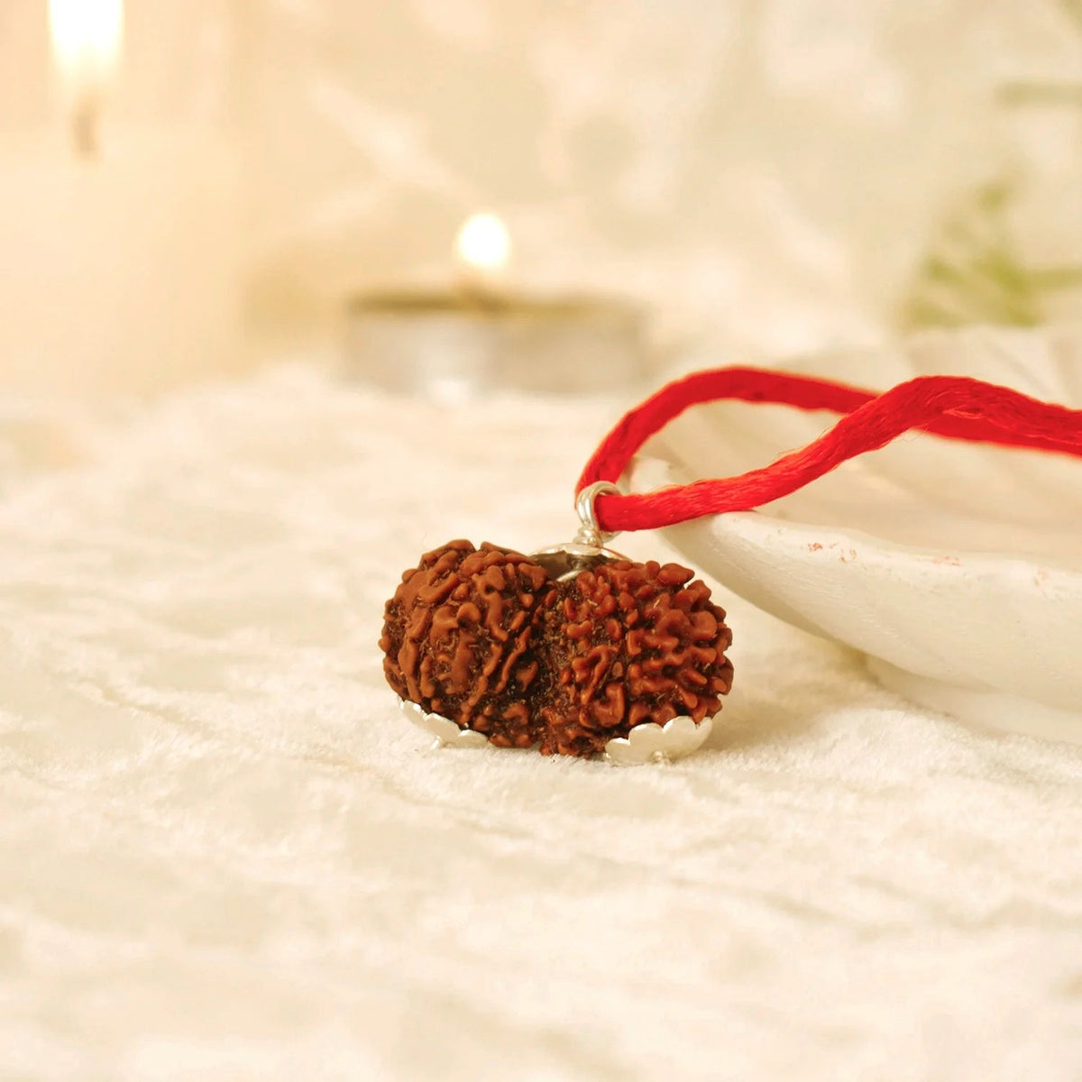 VASTUKOSHA Gauri Shankar Rudraksha bead with natural twin formation on a red cord, symbolising Shiva and Parvati union.