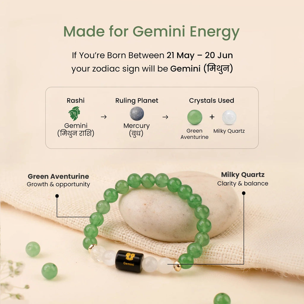 VASTUKOSHA Gemini zodiac bracelet featuring green aventurine and milky quartz beads with a central Gemini charm