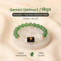 VASTUKOSHA Gemini zodiac bracelet featuring green aventurine and milky quartz beads on a raw selenite cleansing plate.