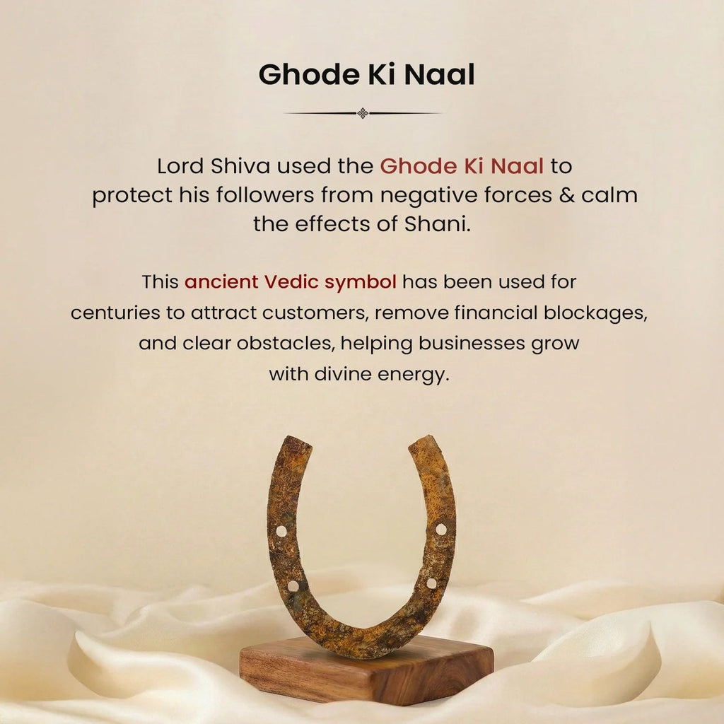 VASTUKOSHA Ghode Ki Naal horseshoe on a wooden stand, a traditional Vastu symbol for protection and good fortune.