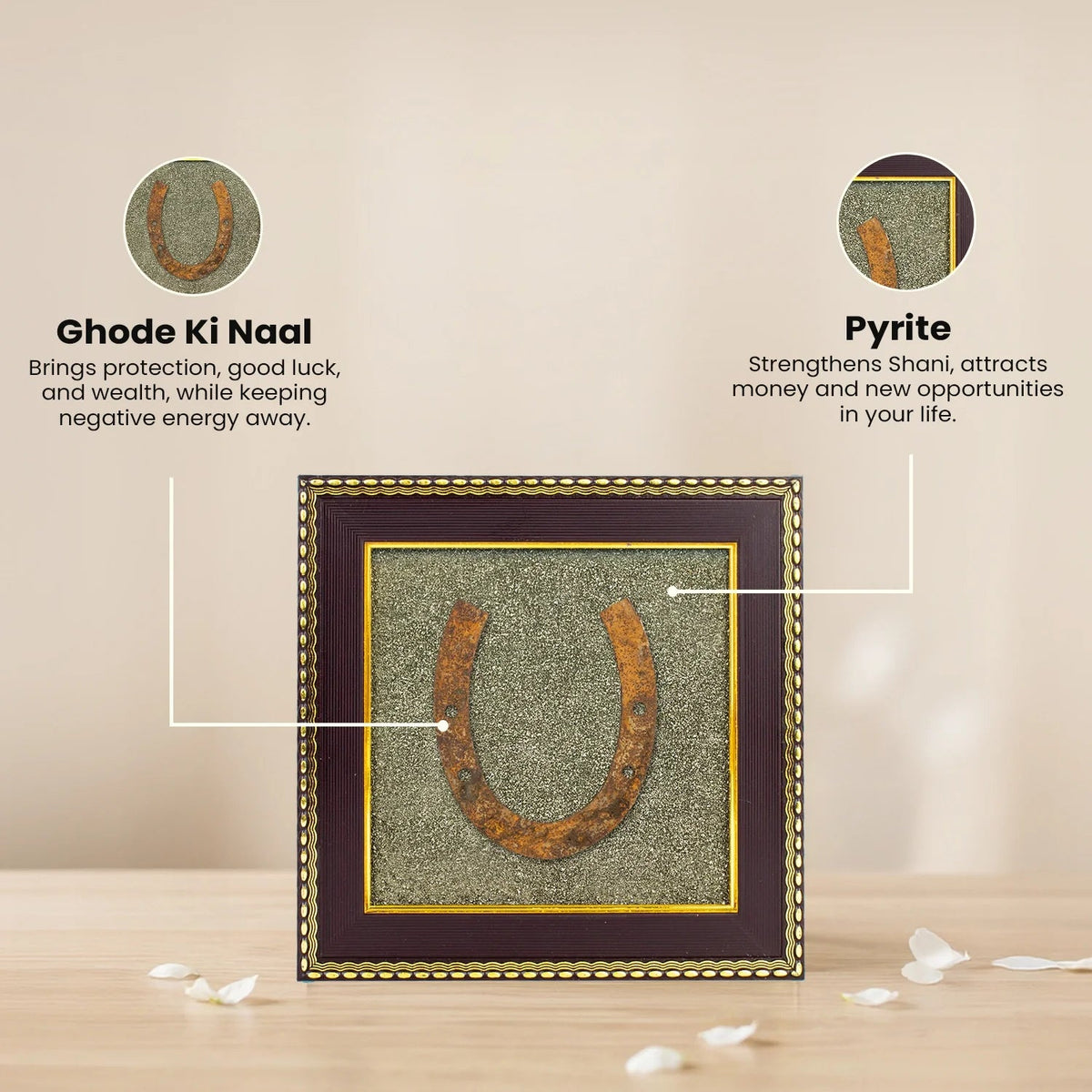 VASTUKOSHA Ghode Ki Naal horseshoe mounted on a raw pyrite crystal frame for Vastu protection and prosperity.