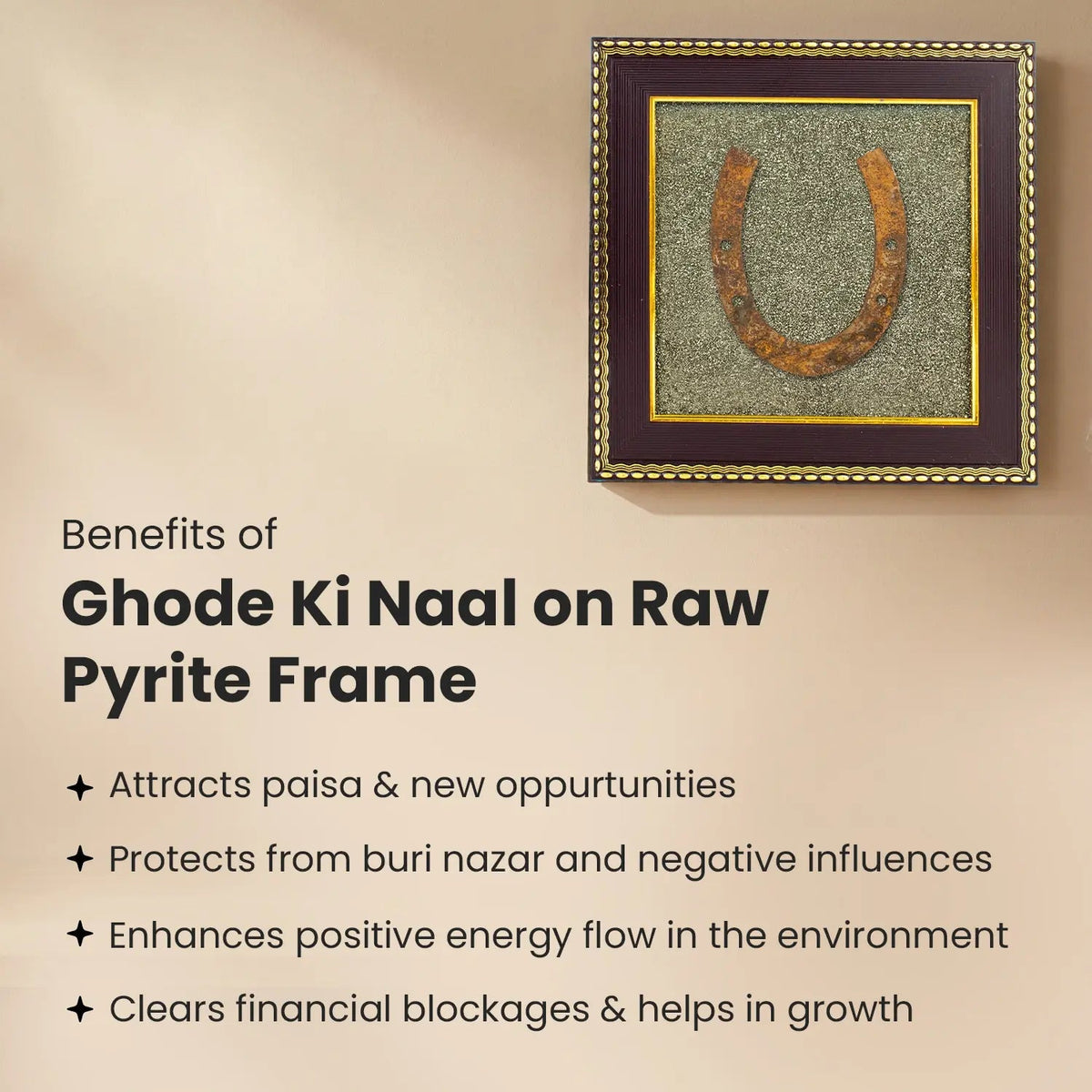 VASTUKOSHA Ghode Ki Naal horseshoe mounted on a textured raw pyrite crystal frame for Vastu-inspired home decor.