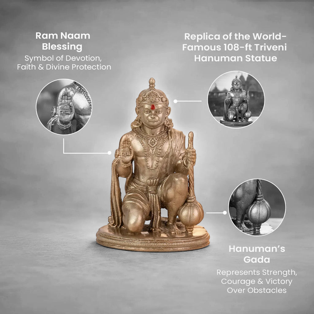 VASTUKOSHA gold-toned Siddh Triveni Hanuman Murti featuring intricate details of the Gada and Ram Naam blessing pose.