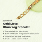 VASTUKOSHA gold metal Dhan Yog bracelet featuring six healing crystals on a light textured background.