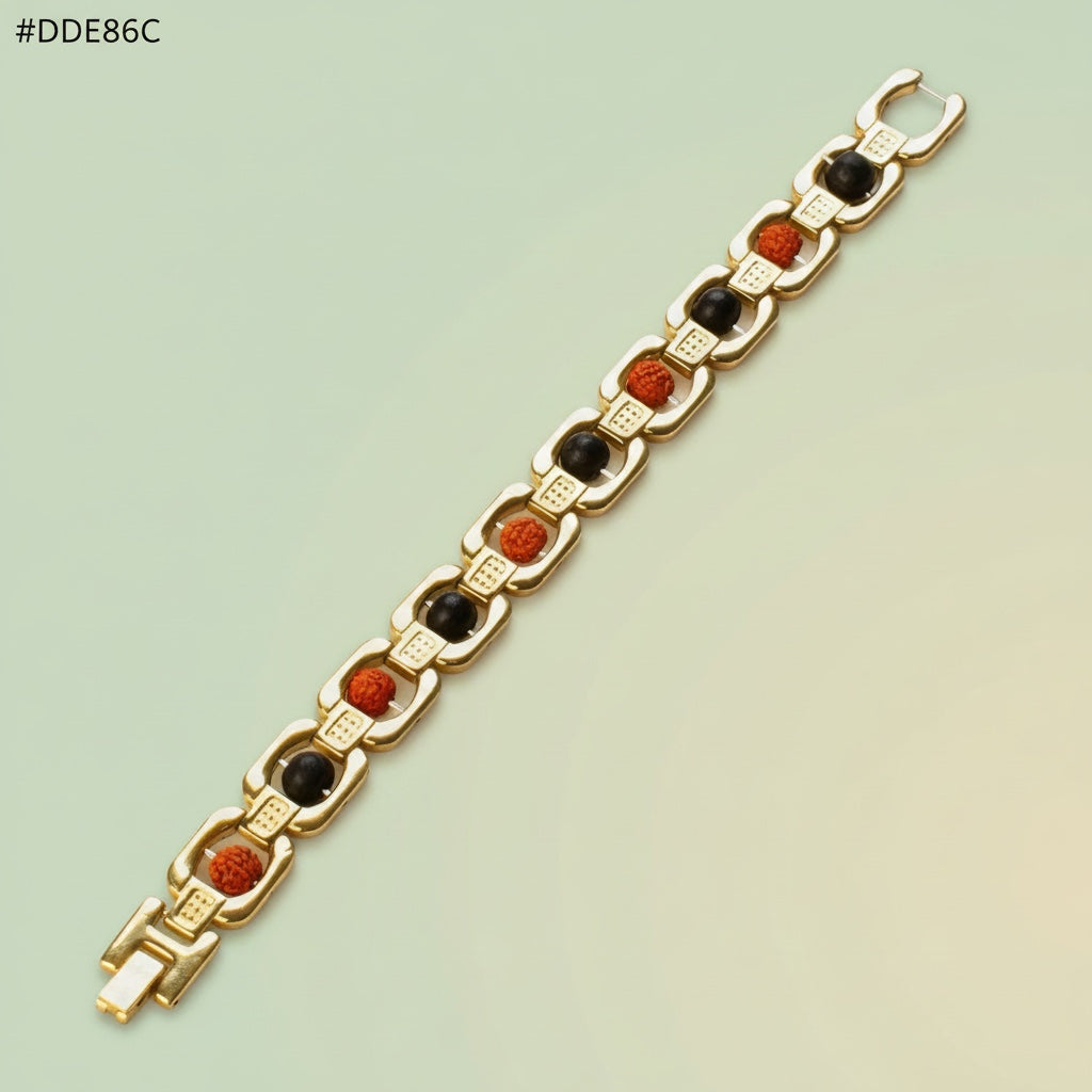 VASTUKOSHA gold-plated bracelet featuring alternating 5 Mukhi Rudraksha beads and black Karungali ebony wood spheres.