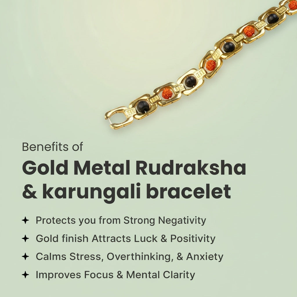 VASTUKOSHA gold-plated metal bracelet featuring alternating 5 Mukhi Rudraksha beads and black Karungali ebony wood.