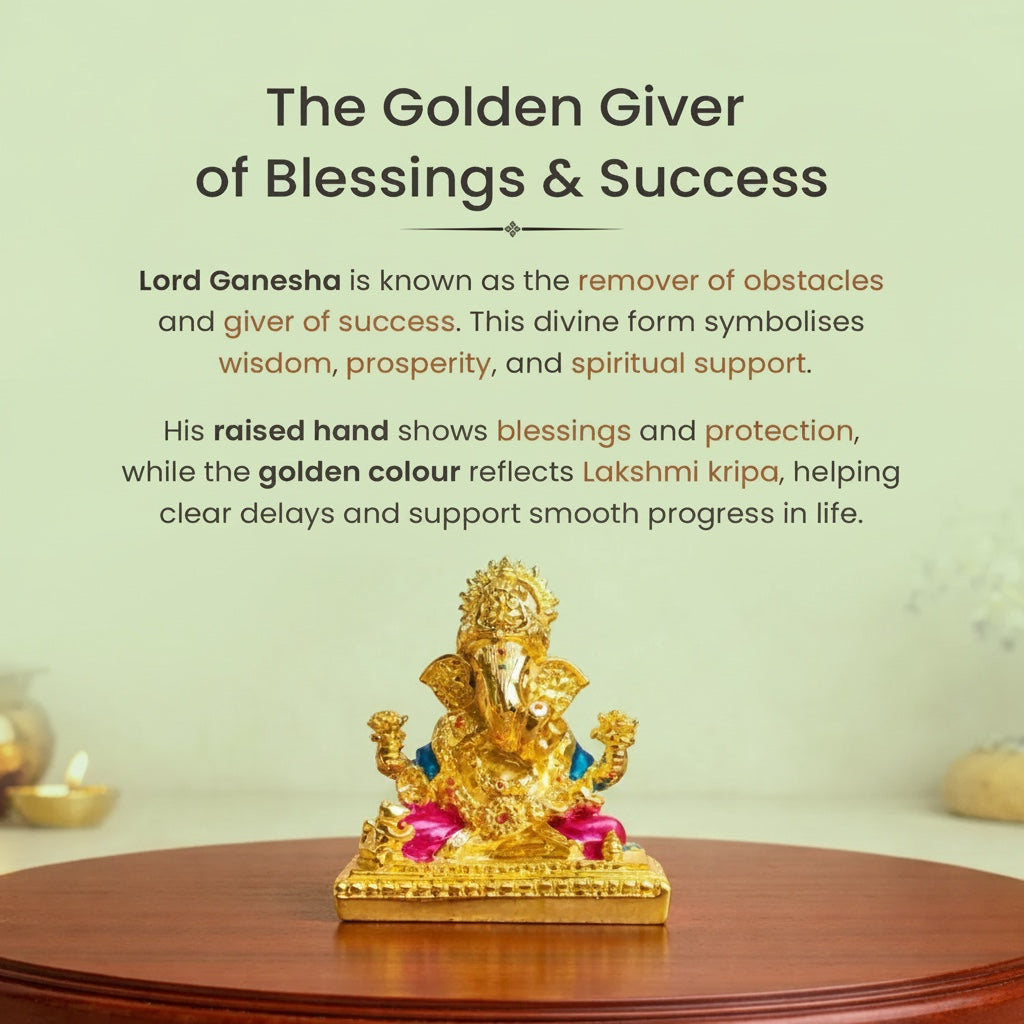 VASTUKOSHA golden-plated Shri Siddhivinayak Ganesha idol with a raised blessing hand on a wooden surface.