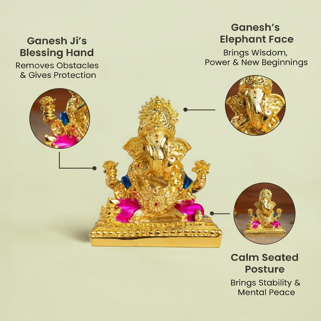 VASTUKOSHA golden-plated Shri Siddhivinayak Ganesha idol featuring a blessing hand, elephant face, and seated posture.