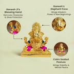 VASTUKOSHA golden-plated Shri Siddhivinayak Ganesha idol featuring a blessing hand, elephant face, and seated posture.