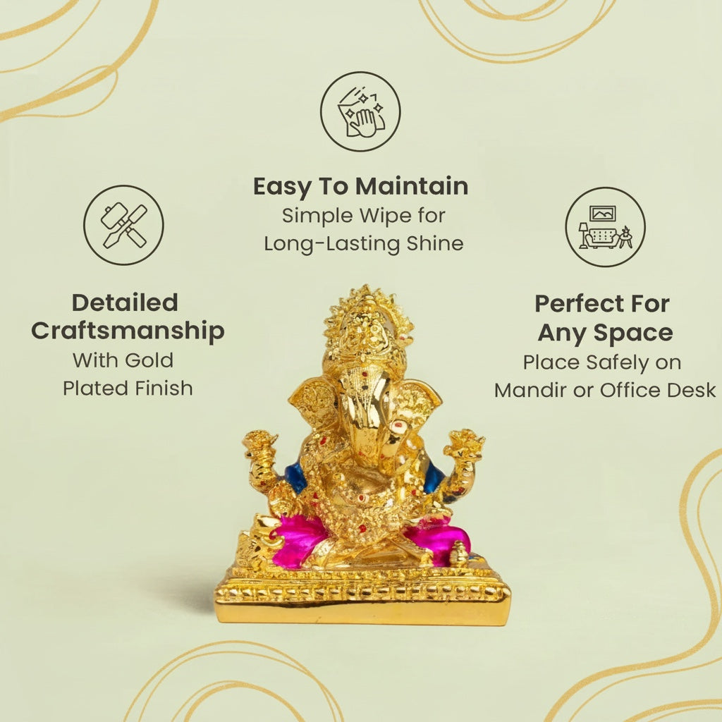VASTUKOSHA golden-plated Shri Siddhivinayak Ganesha idol with intricate detailing, perfect for home or office decor.