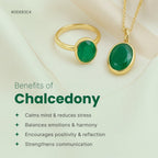 VASTUKOSHA green chalcedony ring and pendant set in gold, displayed on a soft fabric background with benefit text.