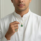VASTUKOSHA natural green chalcedony gemstone pendant necklace and matching ring worn by a man in a white kurta.
