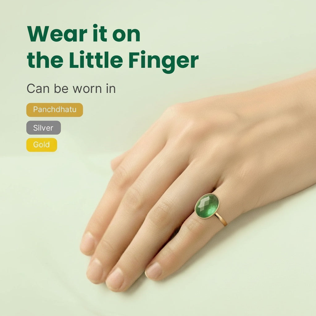VASTUKOSHA natural green chalcedony gemstone ring worn on a finger, showcasing a smooth, translucent oval stone.