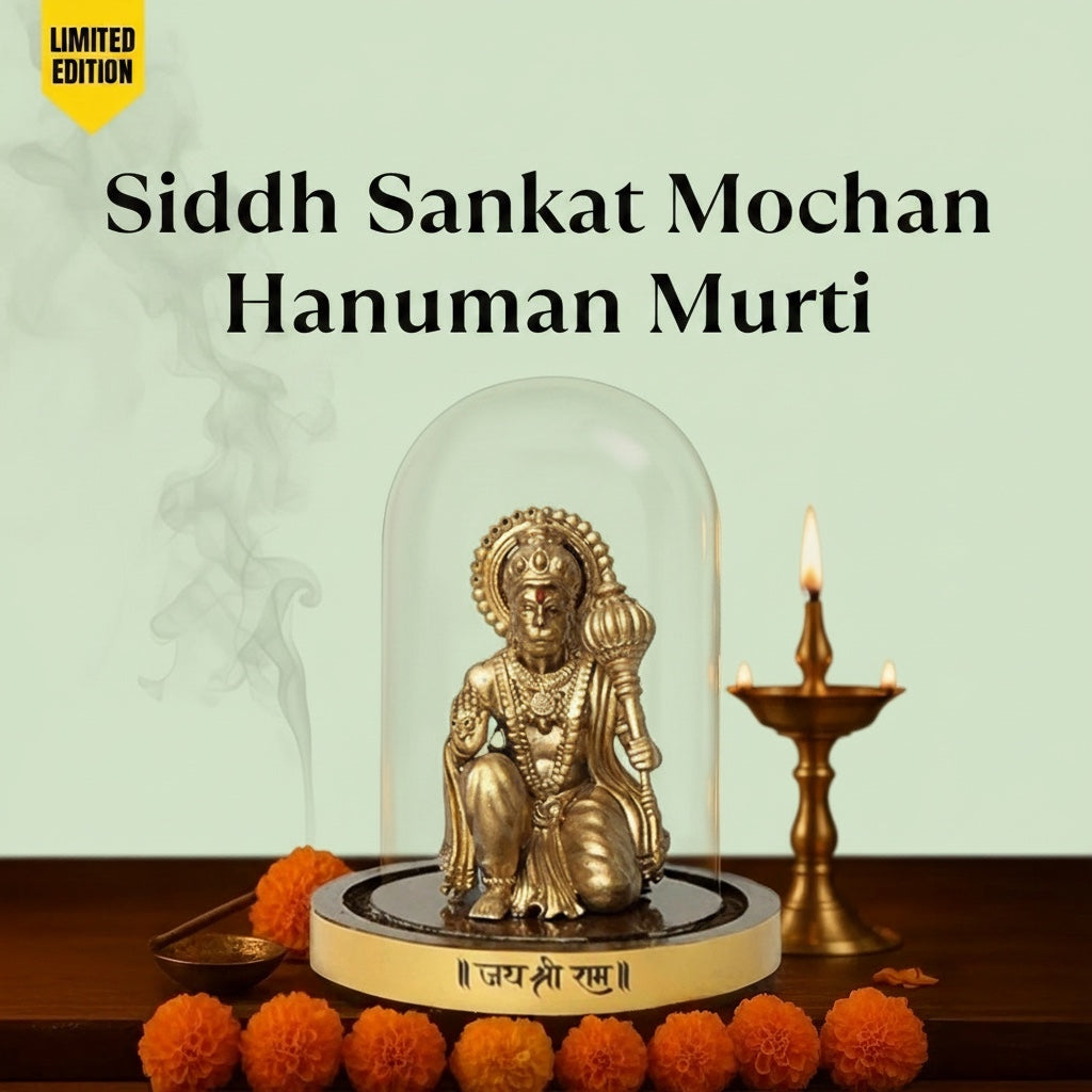 VASTUKOSHA Siddh Sankat Mochan Hanuman Murti in a glass dome with a brass diya and marigold flowers