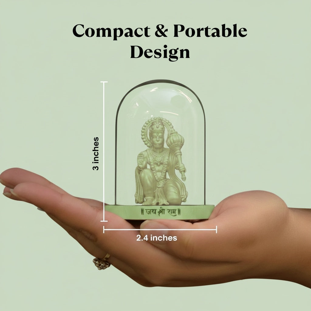 VASTUKOSHA Siddh Sankat Mochan Hanuman murti in a borosilicate glass dome held in a hand for scale
