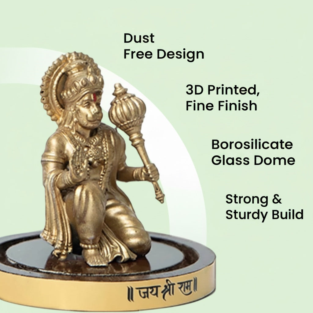 VASTUKOSHA Siddh Sankat Mochan Hanuman Murti in a borosilicate glass dome, 3D printed with a metallic gold finish.